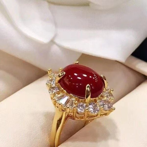 Natural Red Coral 18K Gold Ring – Korean Fashion Statement Piece for Women